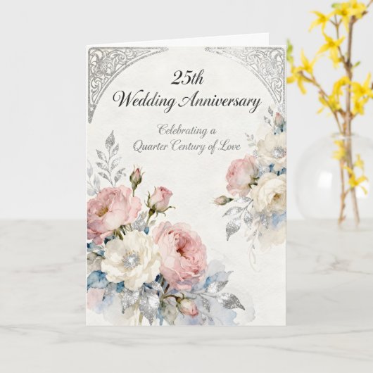 Pink and White Flowers 25th Wedding Anniversary カード (黄色い花)