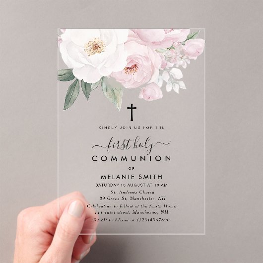 Pink and white flowers first holy communion アクリル招待状 (インサイチュ (ポータブル))