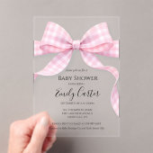 Pink and White Gingham Bow Baby Shower Invitation アクリル招待状 (インサイチュ (ポータブル))