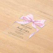 Pink and White Gingham Bow Baby Shower Invitation アクリル招待状 (レイダウン)