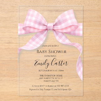 Pink and White Gingham Bow Baby Shower Invitation アクリル招待状