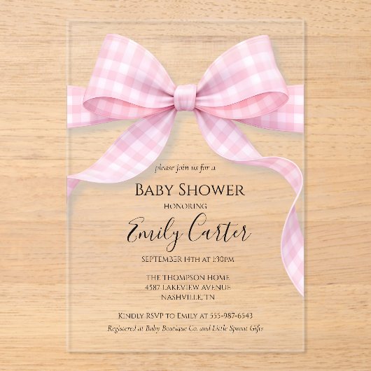 Pink and White Gingham Bow Baby Shower Invitation アクリル招待状 (正面)