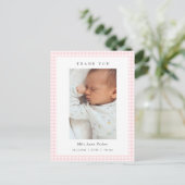 Pink and white Gingham Girl Birth Announcement ポストカード (スタンド正面)