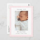 Pink and white Gingham Girl Birth Announcement ポストカード (正面/裏面)
