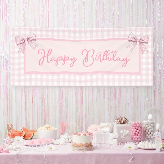 Pink and White Gingham Happy Birthday 横断幕 (パーティー)