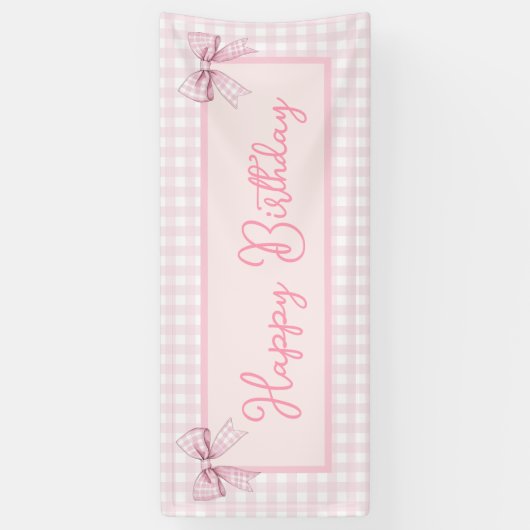Pink and White Gingham Happy Birthday 横断幕 (縦)