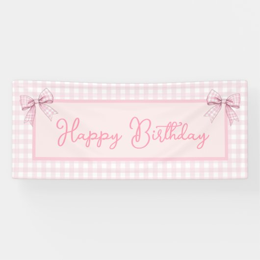 Pink and White Gingham Happy Birthday 横断幕 (横)