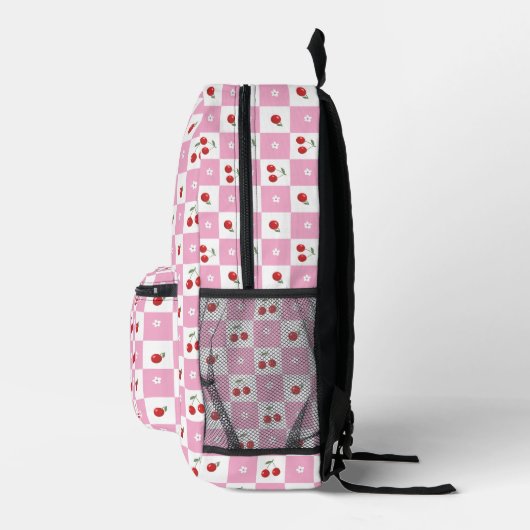 Pink and White Gingham Pattern Cherry Backpack プリントバックパック (右)