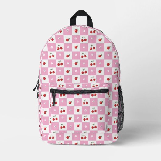 Pink and White Gingham Pattern Cherry Backpack プリントバックパック (正面)