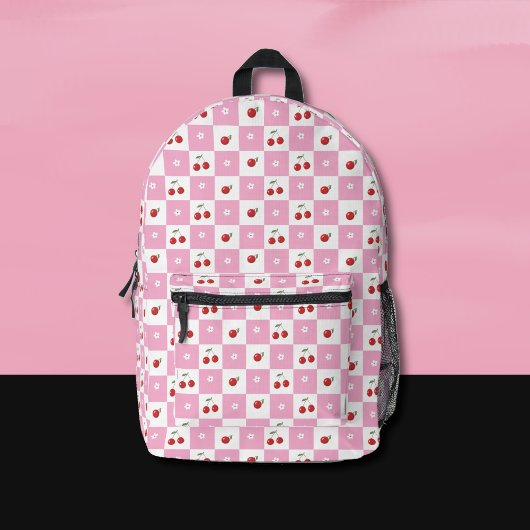 Pink and White Gingham Pattern Cherry Backpack プリントバックパック