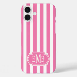 Pink and White Monogrammed Stripes iPhone 16 Plusケース