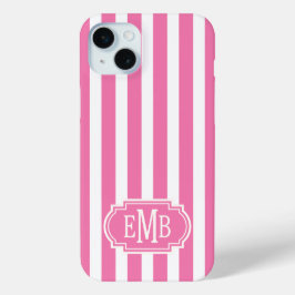 Pink and White Monogrammed Stripes iPhone 15 Miniケース