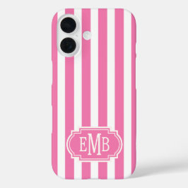 Pink and White Monogrammed Stripes iPhone 16ケース
