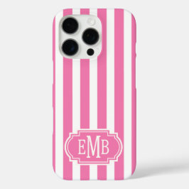 Pink and White Monogrammed Stripes iPhone 16 Proケース