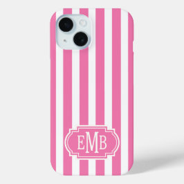 Pink and White Monogrammed Stripes iPhone 15ケース