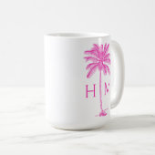  Pink and White Palm Palmetto Tree Monogram コーヒーマグカップ (正面右)