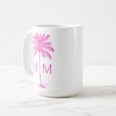  Pink and White Palm Palmetto Tree Monogram コーヒーマグカップ (正面左)