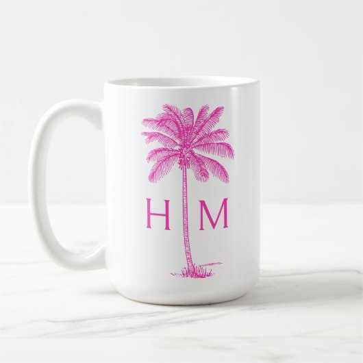  Pink and White Palm Palmetto Tree Monogram コーヒーマグカップ (左)
