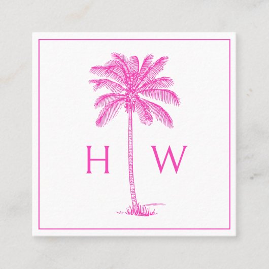 Pink and White Palm Palmetto Tree Monogram スクエア名刺 (正面)