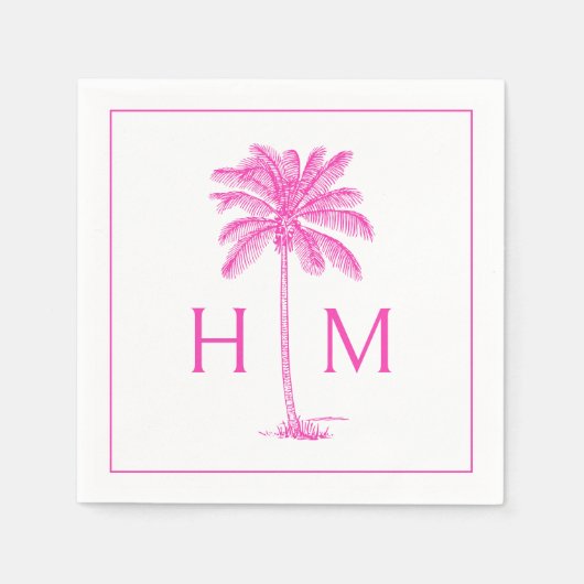 Pink and White Palm Palmetto Tree Monogram スタンダードカクテルナプキン (正面)