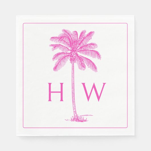 Pink and White Palm Palmetto Tree Monogram スタンダードランチョンナプキン (正面)