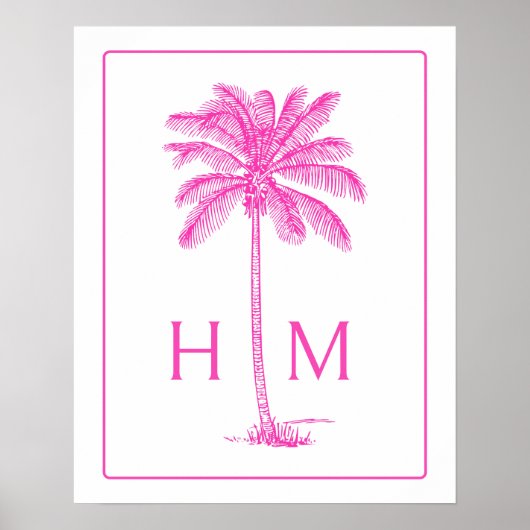 Pink and White Palm Palmetto Tree Monogram ポスター (正面)