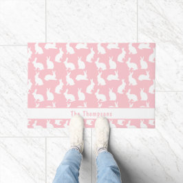 Pink And White Pattern Of Bunnies With A Name ドアマット