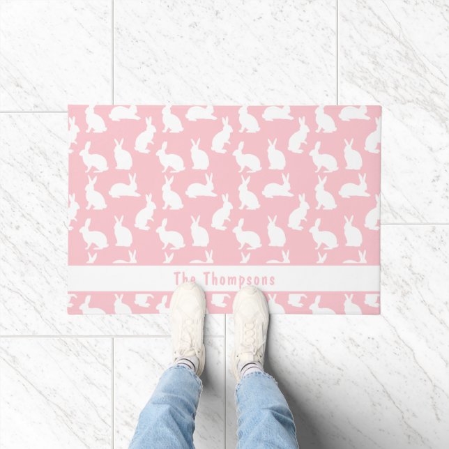 Pink And White Pattern Of Bunnies With A Name ドアマット (室内)