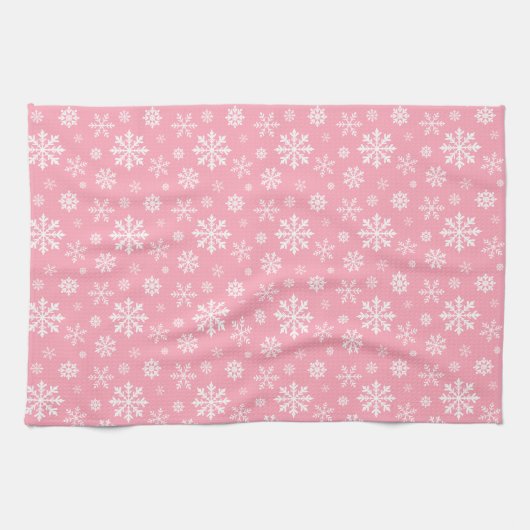 Pink And White Pattern Of Winter Snowflakes キッチンタオル (横)