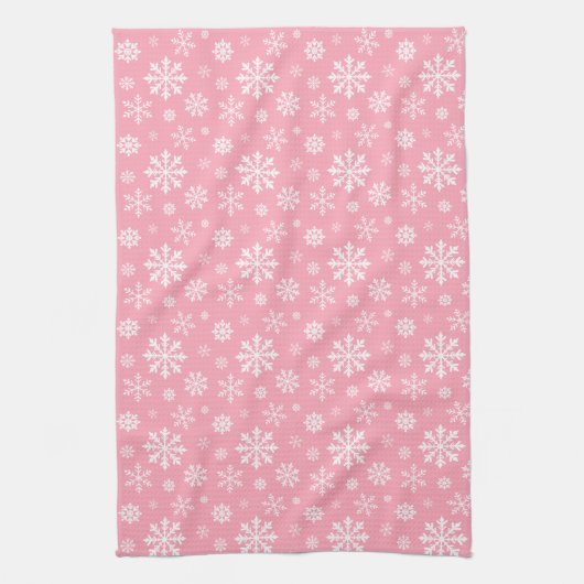 Pink And White Pattern Of Winter Snowflakes キッチンタオル (縦)
