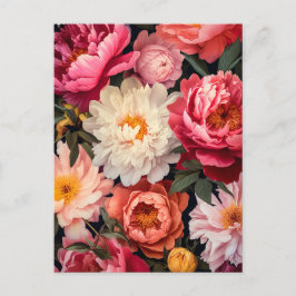 pink and white peony flowers with green leaves ポストカード