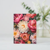 pink and white peony flowers with green leaves ポストカード (スタンド正面)