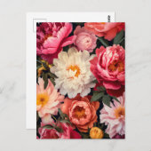 pink and white peony flowers with green leaves ポストカード (正面/裏面)