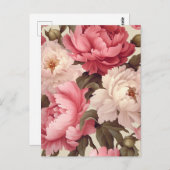 pink and white peony flowers with green leaves ポストカード (正面/裏面)