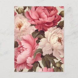 pink and white peony flowers with green leaves ポストカード