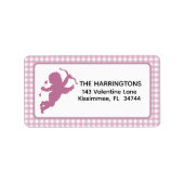 Pink and White Plaid Gingham Valentine Cupid ラベル (正面)