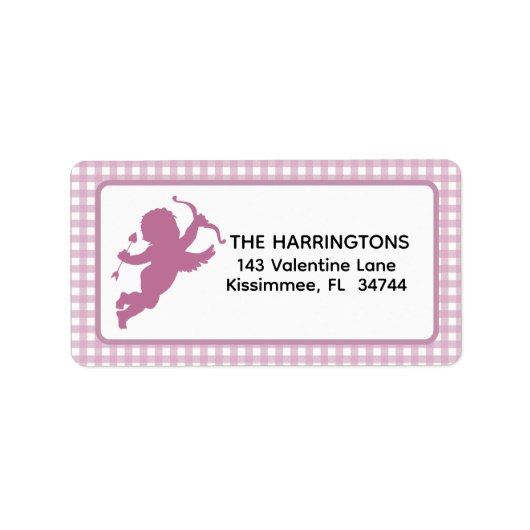 Pink and White Plaid Gingham Valentine Cupid ラベル (正面)
