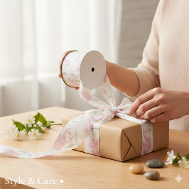 Pink and White Playful Floral Pattern グログランリボン