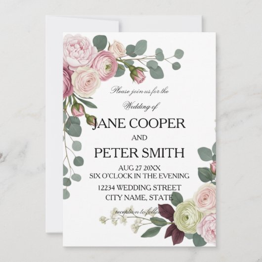 Pink and white roses Budget Wedding Invitation 招待状 (正面)