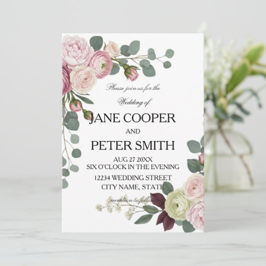 Pink and white roses Budget Wedding Invitation 招待状 (スタンド正面)