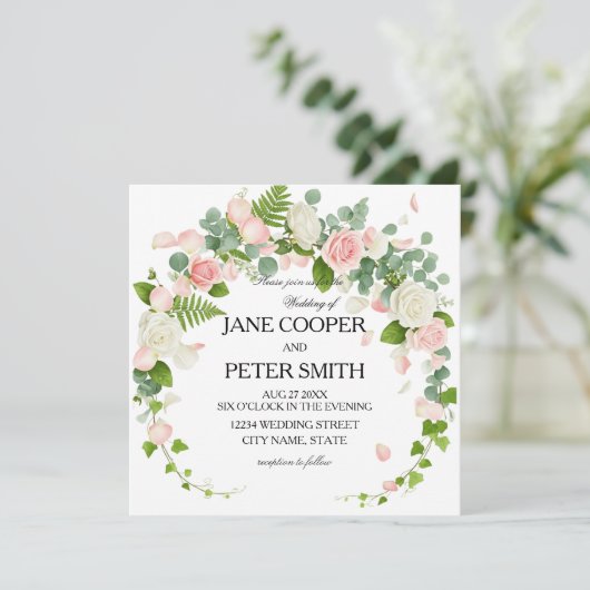 Pink and white roses Budget Wedding Invitation 招待状 (スタンド正面)