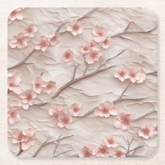 Pink and White Sakura Branches Custom Square Coast スクエアペーパーコースター (正面)