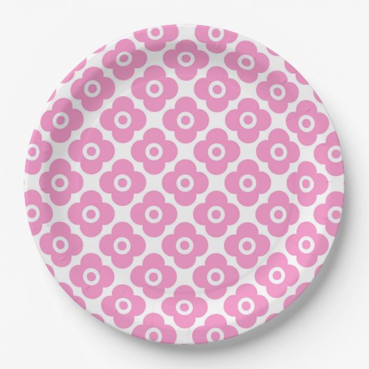 Pink and white simple floral pattern ペーパープレート (正面)