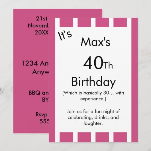 Pink and White Striped Birthday Invitation – 招待状 (正面/裏面)