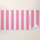  Pink And White Striped Name Cabana Stripe  ビーチタオル (正面)