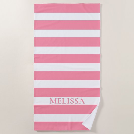  Pink And White Striped Name Cabana Stripe  ビーチタオル (正面)