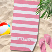  Pink And White Striped Name Cabana Stripe  ビーチタオル