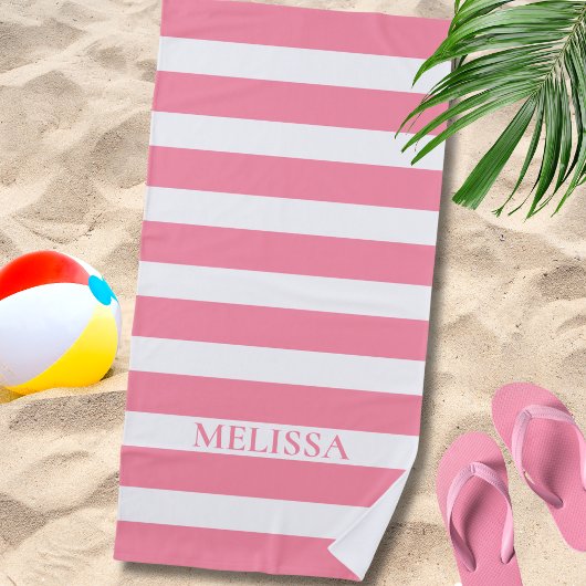  Pink And White Striped Name Cabana Stripe  ビーチタオル