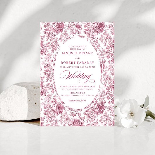 Pink and White Toile Roses Wedding Invitation 招待状
