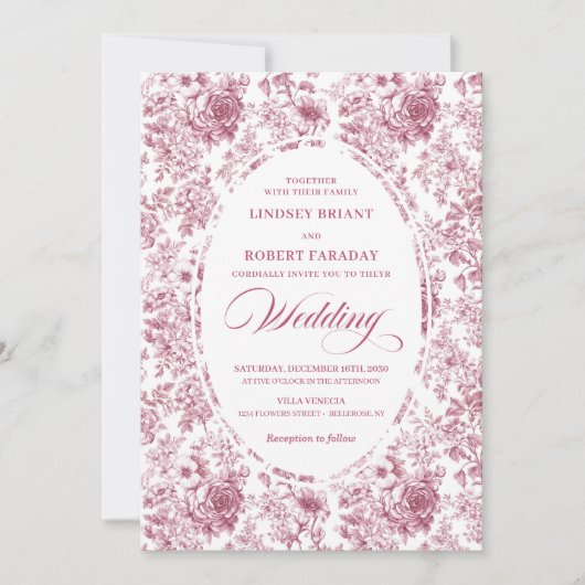 Pink and White Toile Roses Wedding Invitation 招待状 (正面)